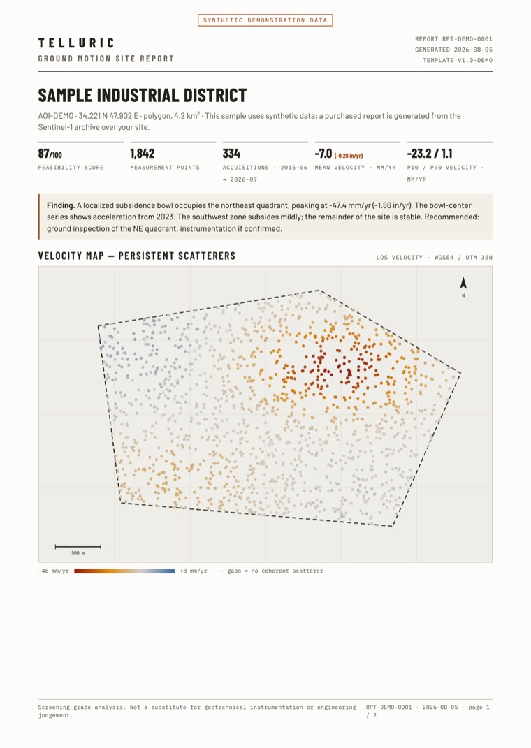 First page of the sample Telluric ground motion site report: summary statistics and a velocity map of persistent scatterers